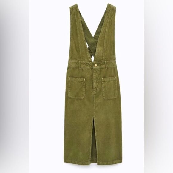 ZARA khaki corduroy pinafore midi cotton overall dress M - Picture 2 of 15